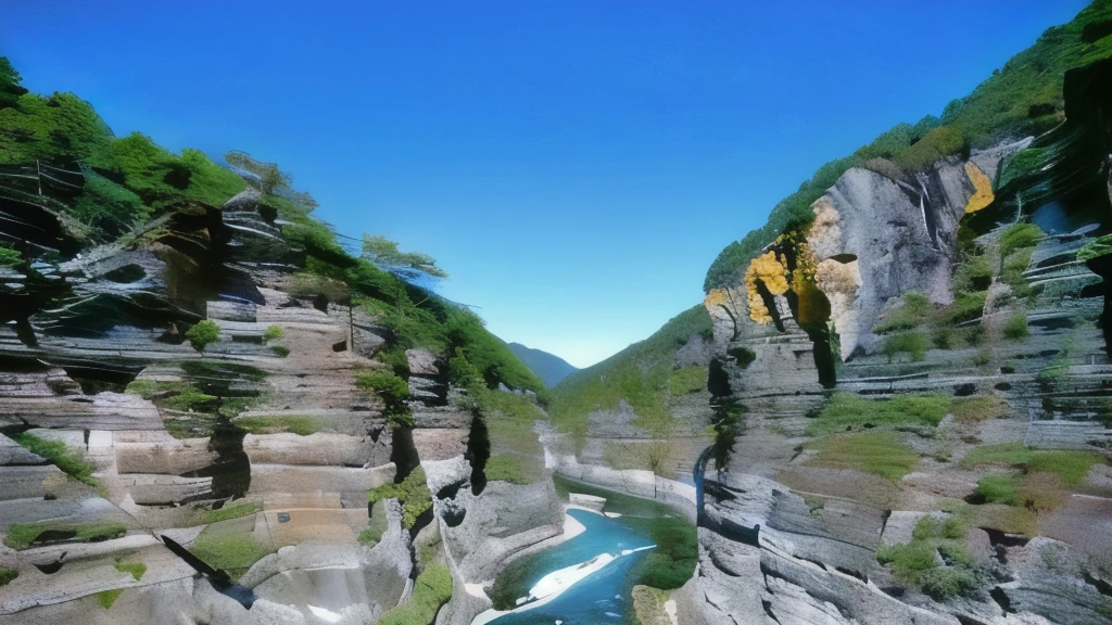 A arfed view of a narrow river flowing between two rock cliffs, 山の中のcanyon, canyonの間, canyonの中, canyon, Steep cliffs, Big Groove, Gunma Prefecture, top of a canyon, yoshifumi ushima, Ibaraki Prefecture, Mountains in Japan, aomori japan, Nice views, deep chasm、Lots of trees