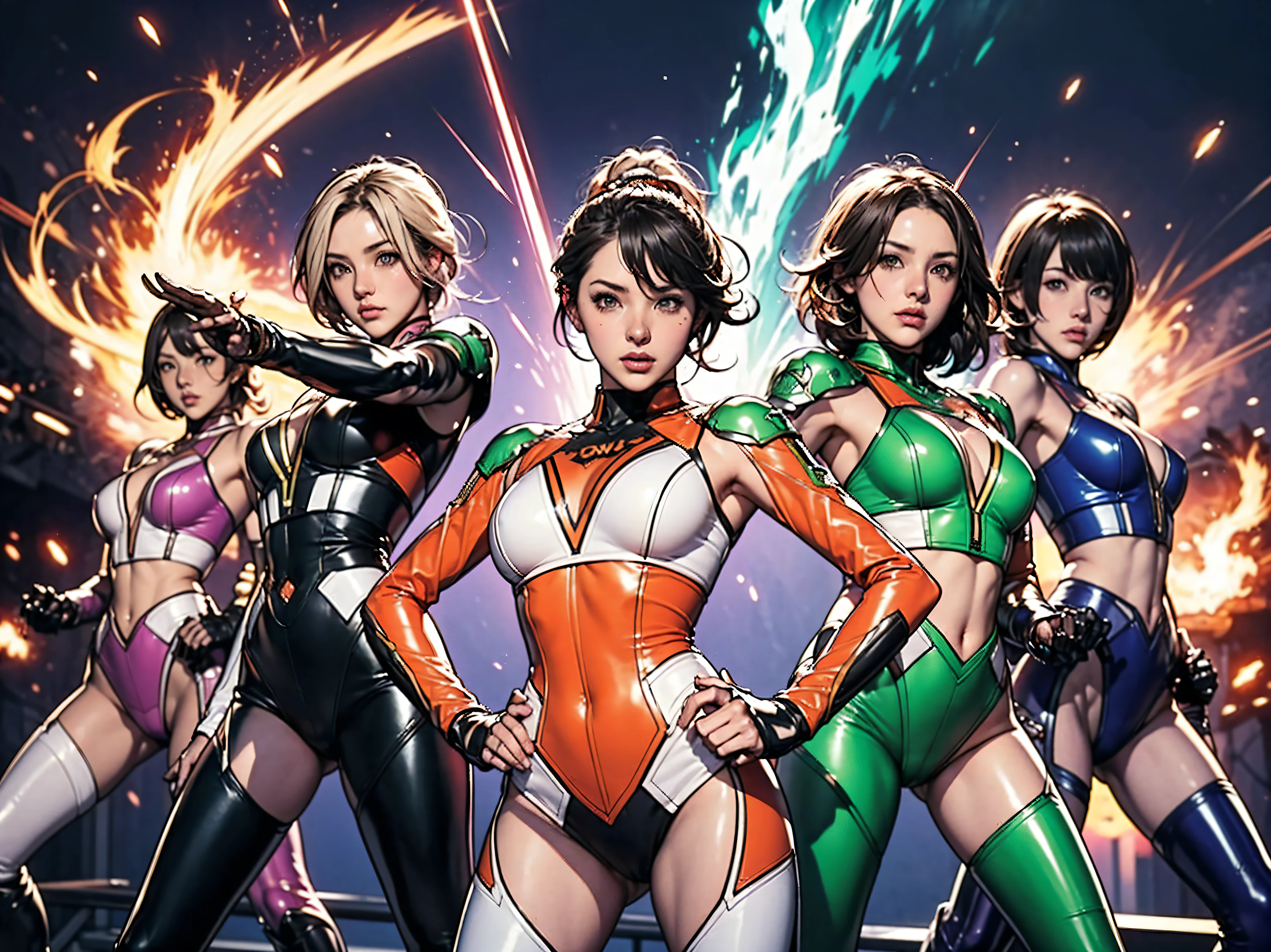 A brave and courageous image of a six-member ranger team, Each one is decorated in vibrant colors.、:: pink, Red is in front of center, violet, green, yellow, Blue Black, white,. Metallic shiny bodysuit, Dynamic poses with backgrounds that exude energy and courage, neon, fire, plasma, fluorescence, shocking, Bomber, Fighting Pose, Action pose, Embodying the essence of the classic Sentai superhero team. Each Ranger:: The clothes are sophisticated and modern, Each color has elements that reflect its theme., Ready for action. ((Camel Toe)), energy light in hands, With the sunset in the background , Cinema Lighting, Cover art mixed movie poster style,