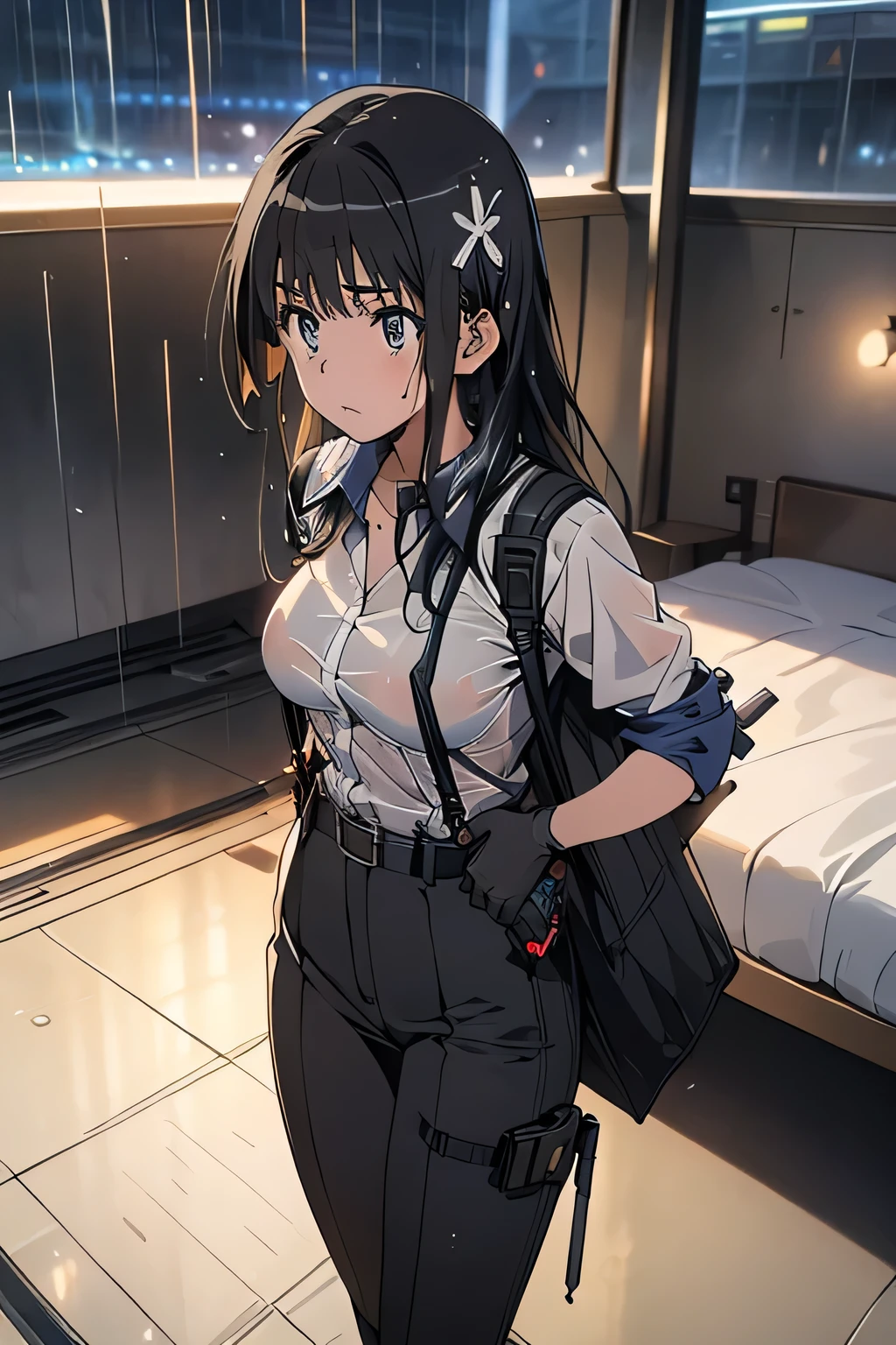 1 female, , high quality, masterpiece, Ultra-high resolution, , Cinema Lighting, , , And the suspenders with the cranes flying　　　Large Breasts　 　 　　　　Small face　 　　　holster　　　　　　　 Lying in bed　Looking up　　　　Sweat 　　　belt　summer　脇Sweat 　Black Hole Gloves　suit　shirt　　Black jacket　 Black trousers　Leg Links　ズボンにbelt　　holster　 　　Hands behind your back　 Anxious expression　Looking up　Anxious face, legs apart　Armament　Handgun　handcuffs　Cable ties　レッグholster　holster　See-through clothing　heavy rain　Getting wet in the rain