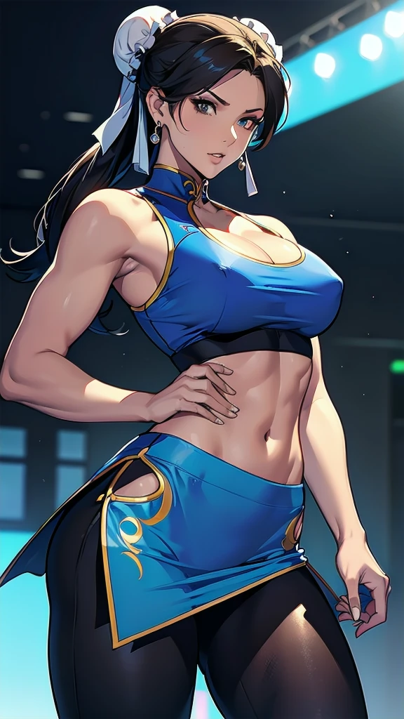 (A masterpiece, high resolution, 4K,8K), perfect anatomy, (a woman, Chun-Li, athletic) ,(royal blue top, sleeveless ), (black leggings:1.1), (she is wearing black t-back that string is showing at her hips, black t-back , visible ), sweating, the background is a building advertisement with dazzling neon light, (sexy body) , (sexy beautiful detailed face), athlete body, front view, stylish pose, looking at viewer, good applying makeup, medium breasts, cleavage, midriff peek and abs, glistening skin, nightclub background,Delete everything except the character