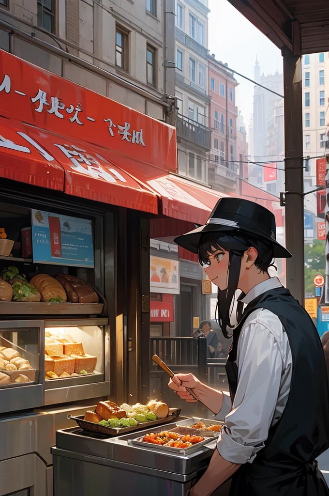 At a residential intersection in the city center, old and new buildings blend seamlessly, while food trucks line the streets, creating a vibrant unity between history, modernity, and delicious culinary delights.: