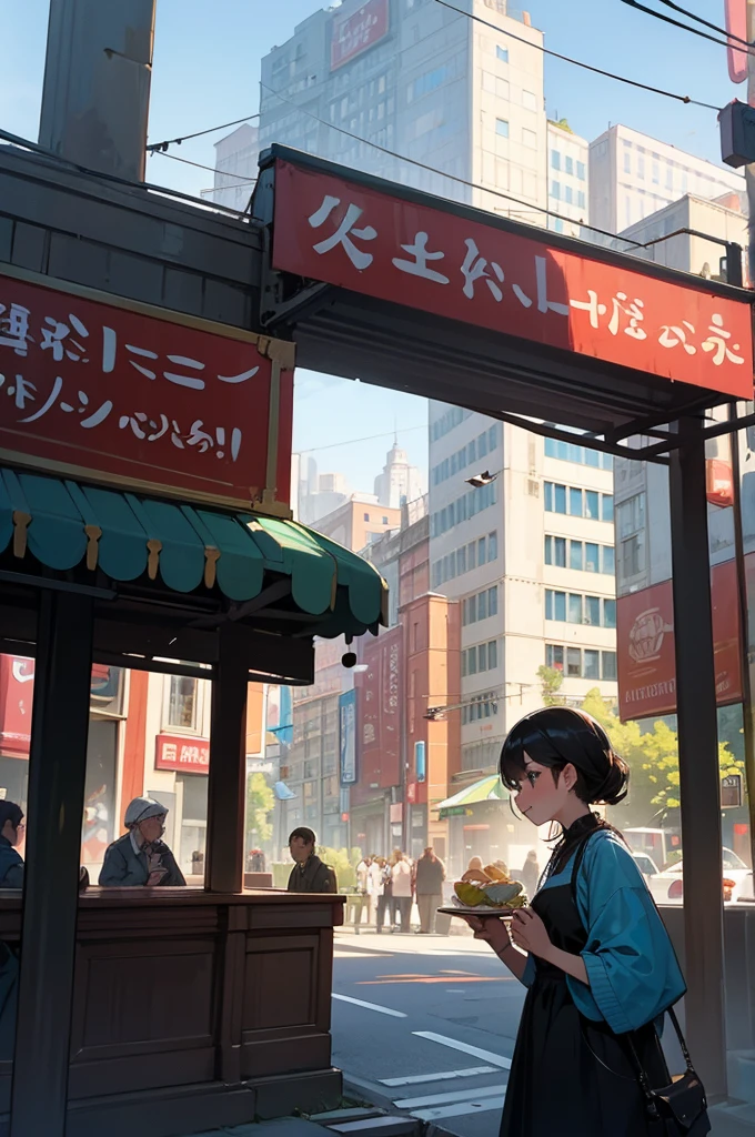 At a residential intersection in the city center, old and new buildings blend seamlessly, while food trucks line the streets, creating a vibrant unity between history, modernity, and delicious culinary delights.: