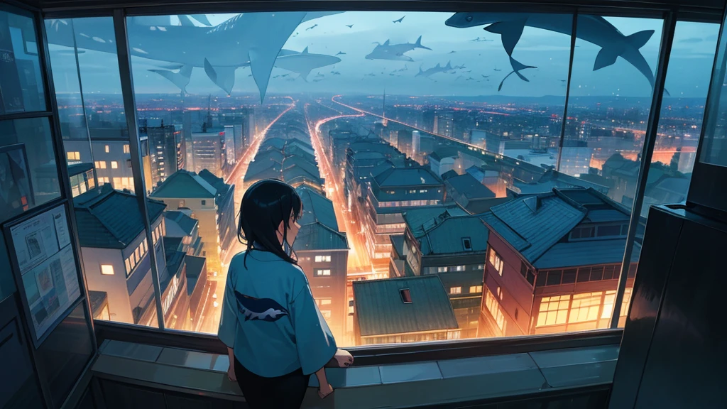 View of the city from the window.evening.Seisekisakuragaoka Streetscape.A lot of Fish flying in the sky, not in the sea.dolphin.super big whale shark.Tropical fish of various colors.sharpen.A beautiful woman looking at them.