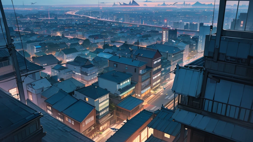 View of the city from the window.evening.Seisekisakuragaoka Streetscape.A lot of Fish flying in the sky, not in the sea.dolphin.super big whale shark.Tropical fish of various colors.sharpen.A beautiful woman looking at them.