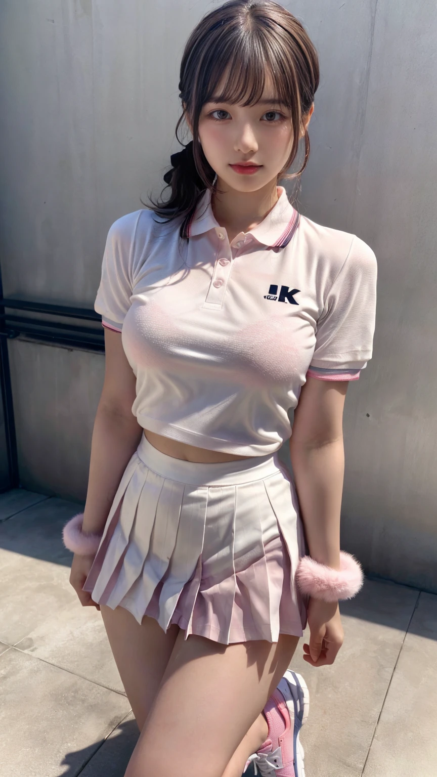 (absurdres:1.3), (highres:1.3), (ultra detailed:1.3),(1girl:1.3), (extremely detailed CG unity 8k wallpaper:1.3), (detailed skin texture, detailed cloth texture, detailed hair texture), (beautiful detailed face, supermodel, pale skin, realistic glistening skin), (RAW photo, best quality), (realistic, photo-realistic:1.4), masterpiece, extremely delicate and beautiful,Amazing, finely detail, extremely detailed CG unity 8k wallpaper, huge filesize, ultra-detailed, highres, absurdres, soft light,rim light, vibrant details, hotel room, straight hair, large breasts, black hair color, Big Natural Color Lip, (perfect body shape), beautiful legs, BREAK (white theme:1.4), (tucked-out short sleeve white polo shirt:1.4), (pink lines on tops outline:1.3), (pure white pleated mini skirt:1.3), (hem of top covers top half of skirt:1.3), (pink fluffy scrunchie on wrist:1.3), (white and pink sports shoes:1.2), crying a little、little smile, Harajuku style、20 year old girl、cute type、lolita、standing