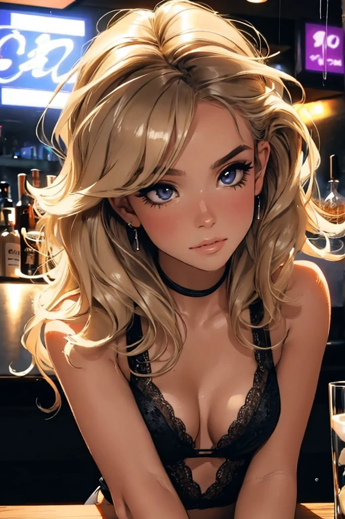 girl at a nightclub sitting at bar, eyeliner (masterpiece) (best quality) (detailed) (8k) (HDR) (wallpaper) (cinematic lighting) (sharp focus) (intricate) wavy blonde hair, biting lip, medium hair, slutty outfit, sexy, blush, aroused, cleavage, shiny , wet skin, girl, dark makeup, acting flirty, tucking hair behind ear
