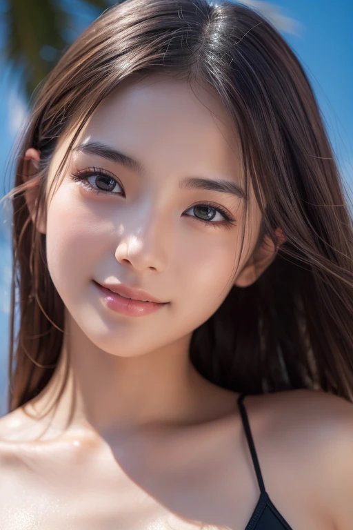 (Surreal), (Consciousness upward), (High resolution), (8k), (Very detailed), (The best Consciousness upwardns), (Beautiful and detailed), (Highest quality), (Very detailedな), (masterpiece), (Detailed face), Big eyes,Sweaty, Slender body, Long Hair,Colored inside,alone,A girl wearing a simple black bikini, Huge , smile, Sea of night, moon, , See through,Beautiful and fair、Glowing Skin, 3 Up, Nice, bright, Refreshing and gentle look, Perfect beautiful face, Highly realistic photos, High resolution, Detailed face