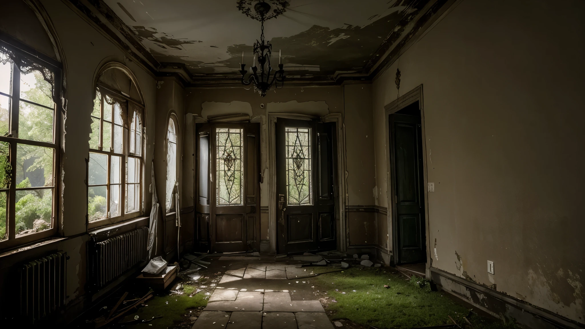 A dilapidated mansion on a hill, which sinks into deep fog. The garden is overgrown and the once magnificent statues are now broken and covered in moss. The entrance doors are half open, and the interior is shrouded in deep darkness. The wallpaper is peeling off the walls and old, Rotting furniture throws long, ghostly shadows. A huge chandelier hangs dangerously crooked from the ceiling. From somewhere in the house a quiet, ghostly children's laughter, that suddenly falls silent.