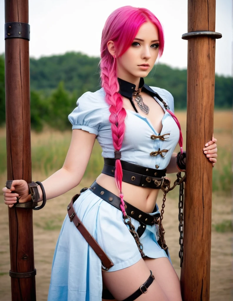 very attractive 25 year old very attractive girl with long bright pink hair, (masterpiece, best quality),  intricate details,
1girl,  phSaber, 
 (standing by wooden pole:1.2),  iron collar, arms behind back,  iron cuffs, shackles, bound,, photo quality