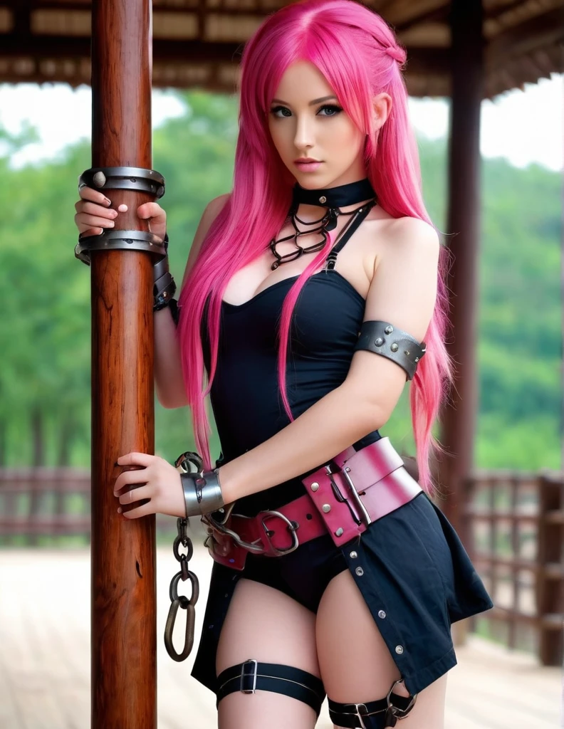 very attractive 25 year old very attractive girl with long bright pink hair, (masterpiece, best quality),  intricate details,
1girl,  phSaber, 
 (standing by wooden pole:1.2),  iron collar, arms behind back,  iron cuffs, shackles, bound,, photo quality