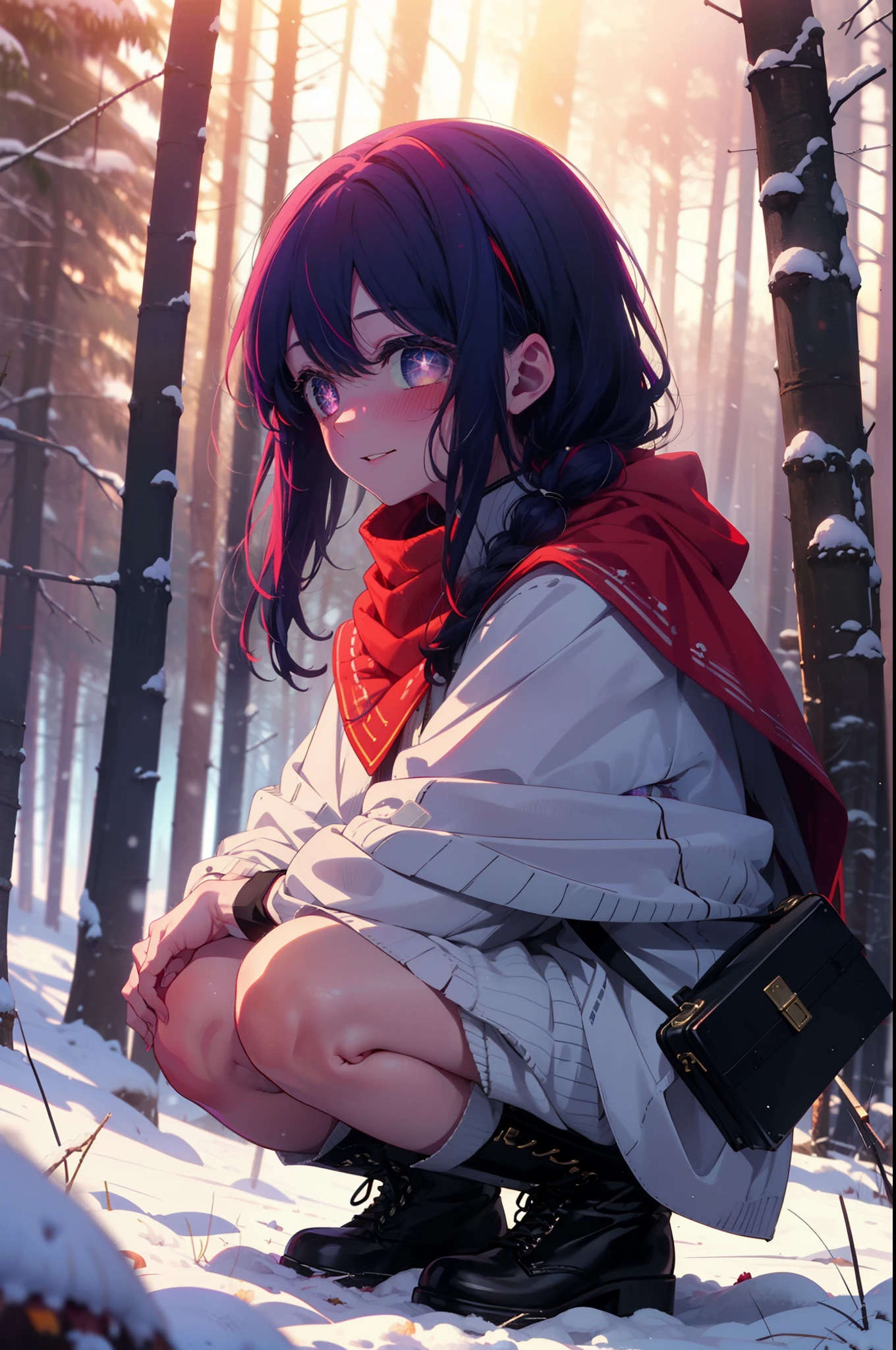 aihoshino, Ai Hoshino, Long Hair, bangs, (Purple eyes:1.1), Purple Hair, (Symbol-shaped pupil:1.5), smile,,smile,blush,white breath,
Open your mouth,snow,Ground bonfire, Outdoor, boots, snowing, From the side, wood, suitcase, Cape, Blurred, , forest, White handbag, nature, Squat, Mouth closed, Cape, winter, Written boundary depth, Black shoes, red Cape break looking at viewer, Upper Body, whole body, break Outdoor, forest, nature, break (masterpiece:1.2), Highest quality, High resolution, unity 8k wallpaper, (shape:0.8), (Beautiful and beautiful eyes:1.6), Highly detailed face, Perfect lighting, Highly detailed CG, (Perfect hands, Perfect Anatomy),