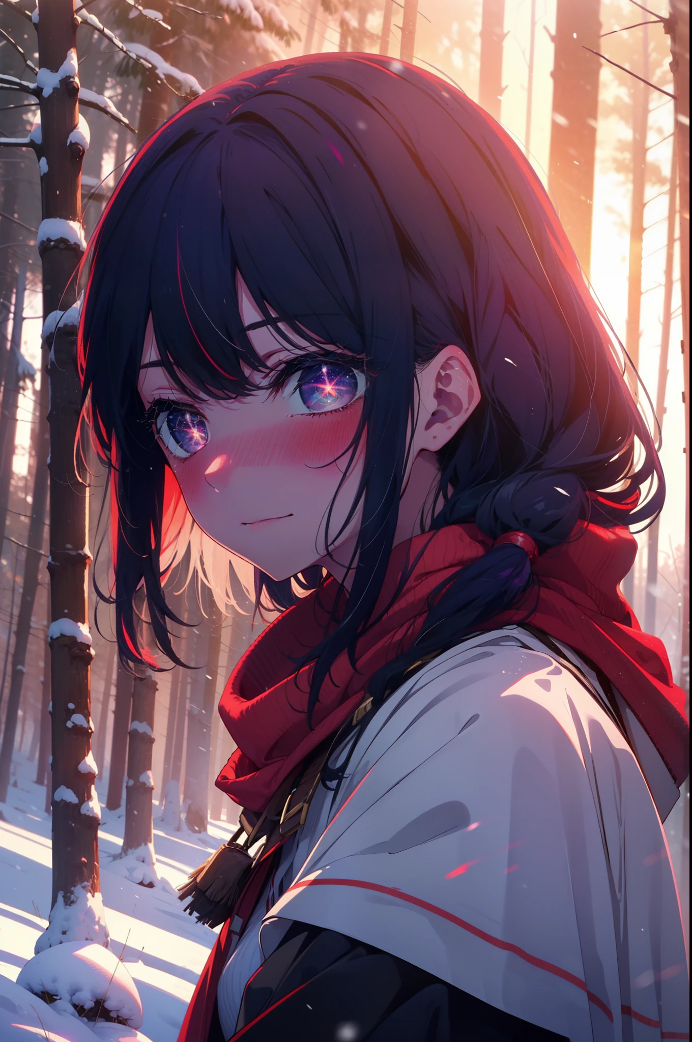 aihoshino, Ai Hoshino, Long Hair, bangs, (Purple eyes:1.1), Purple Hair, (Symbol-shaped pupil:1.5), smile,,smile,blush,white breath,
Open your mouth,snow,Ground bonfire, Outdoor, boots, snowing, From the side, wood, suitcase, Cape, Blurred, , forest, White handbag, nature, Squat, Mouth closed, Cape, winter, Written boundary depth, Black shoes, red Cape break looking at viewer, Upper Body, whole body, break Outdoor, forest, nature, break (masterpiece:1.2), Highest quality, High resolution, unity 8k wallpaper, (shape:0.8), (Beautiful and beautiful eyes:1.6), Highly detailed face, Perfect lighting, Highly detailed CG, (Perfect hands, Perfect Anatomy),