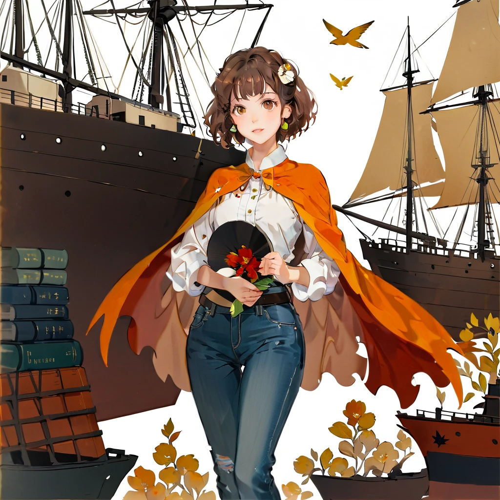 (((paper-cutting style))), 1 girl, short brown curry hair, cape, shirts and jeans, Portfolio, port and ship