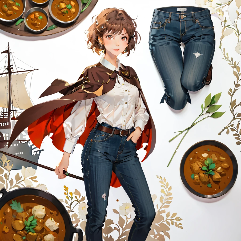 (((paper-cutting style))), 1 girl, short brown curry hair, cape, shirts and jeans, Portfolio, port and ship
