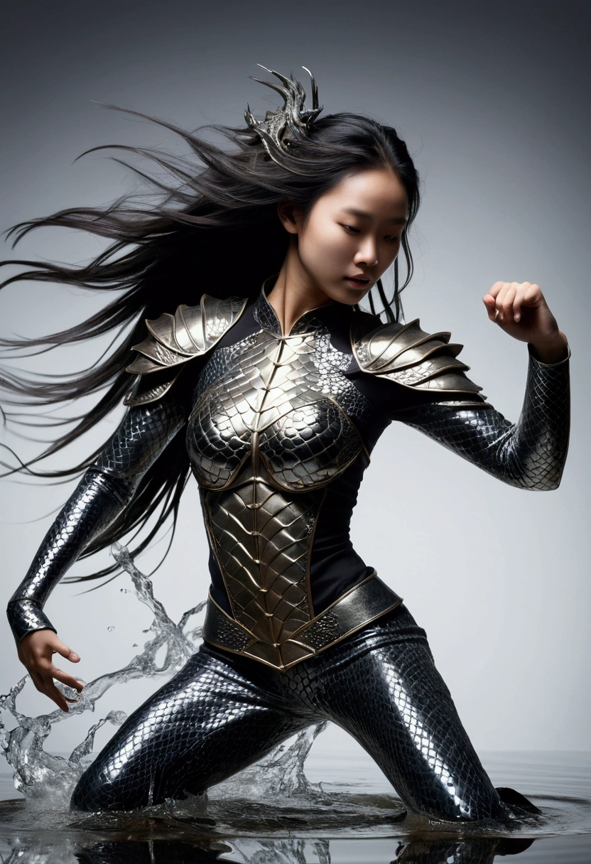 photorealistic double exposure of, a black_metal dragon{(dancing stance)(shiny)(reflective metal texture)(sleek and polished)}{break}, 1girl, wu-shu athlete in motion, blurred edges, slow shutter speed motion photography, shot on FujiFilm XT4 camera f/2. ISO 200, long hair, dramatic light, intricate detailed, a water element transition movement of color background(face detailed:1.5)