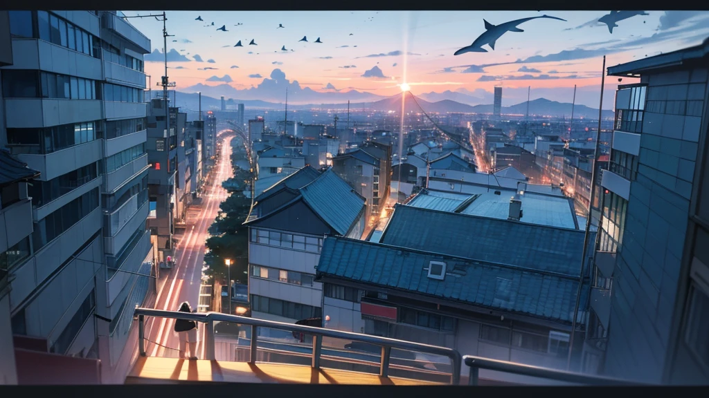 View of the city from the window.evening.Seisekisakuragaoka Streetscape.A lot of Fish flying in the sky, not in the sea.dolphin.super big whale shark.Tropical fish of various colors.sharpen.A beautiful woman looking at them.