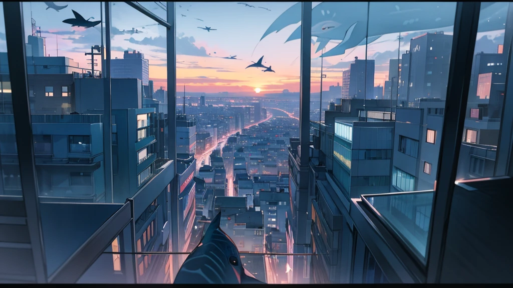 View of the city from the window.evening.Seisekisakuragaoka Streetscape.A lot of Fish flying in the sky, not in the sea.dolphin.super big whale shark.Tropical fish of various colors.sharpen.A beautiful woman looking at them.