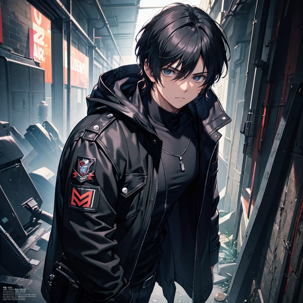 A young men look like leon kennedy black hair black black hood lather jacket no logo black jean Cover poster,The theme is exploring the video game ,Open a new virtual word comic