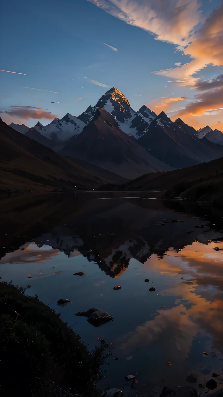 A tranquil sunset over the Peruvian Andes. Vivid colors stain the sky. The silhouettes of the mountains create a peaceful and contemplative atmosphere.