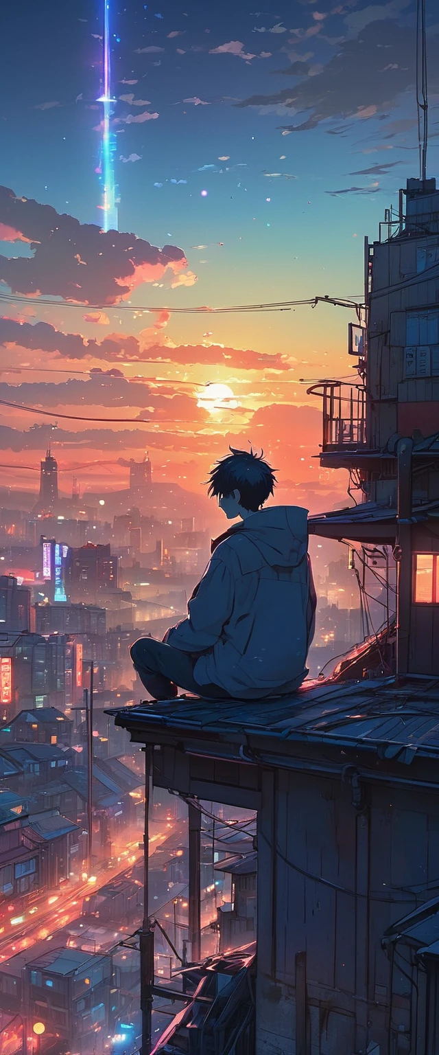 anime boy sitting on a rooftop watching the sunset, watching the sun set. anime, lofi artstyle, anime background art, anime style cityscape, beautiful anime scene, lofi art, in style of makoto shinkai, 4 k manga wallpaper, makoto shinkai cyril rolando, hd anime cityscape, ilya kuvshinov landscape, 4k anime wallpaper(bright colours)(brokeh effect)(glowing dots and firefly)