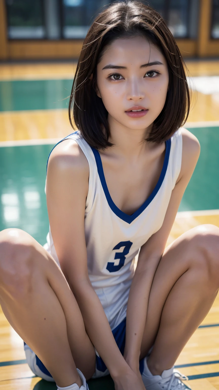 (masterpiece:1.2), Very detailed, Ultra-high resolution, (Realistic, photo Realistic:1.6), High-resolution RAW color photos, Professional photos, Sharp focus:1.2, (Very detailed顔と肌の質感, Very beautiful eyes, Glossのある肌, Glowing Skin, Glowing Skin, Shining Face, Gloss, Oily skin, greasy face, Oily skin, greasy face,), Perfect Anatomy, Very detailed背景,((Gymnasium at night)), 1 female,25-year-old woman, Japanese women,(short hair, Straight hair, bangs, Brown Hair),(Flat Chest:1.6),((Erect nipples:1.2)),(((Sweaty body:1.4)))), (((White sleeveless basketball uniform))),smile,((Sitting on the floor、Spread your legs))