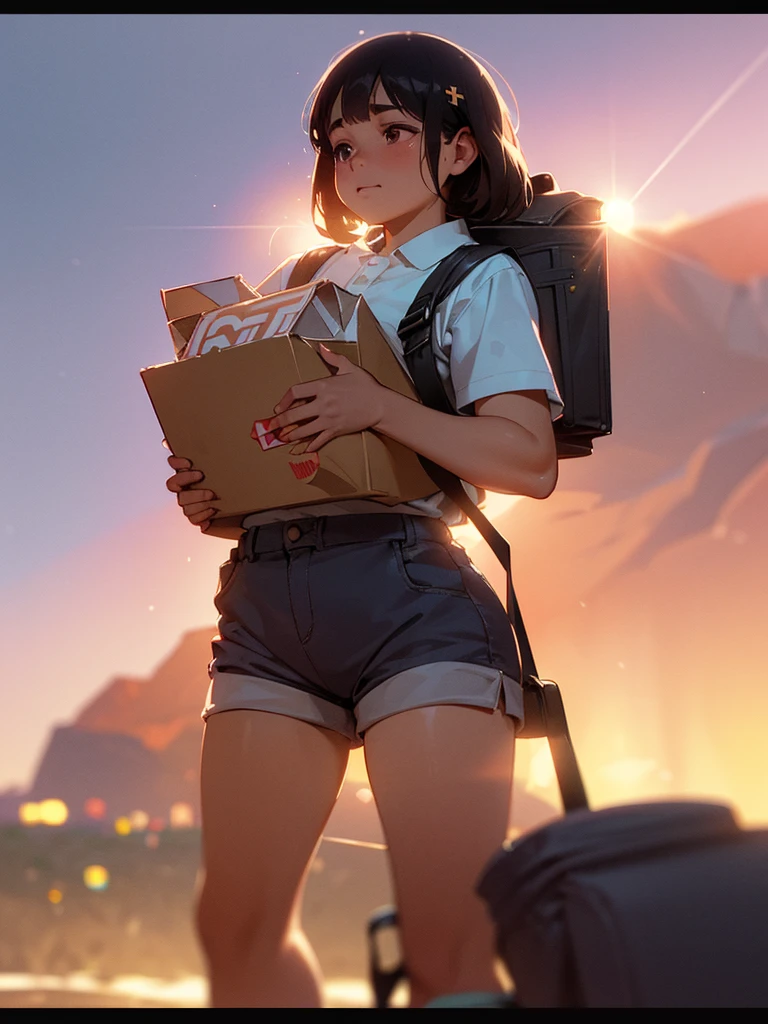 (Sumilux f1.4 50mm , low Latitude old color negative film , cross process , bokeh, flare, chromatic aberration , soft focus, (Shallow focus) , soft glow , Maximum aperture, high Key , Transparent depiction) , Dwarf girl , Muscular, short , Shorts and polo shirt ,carrying a huge Uber EATS backpack , Delivering pizza , Rocky Mountain