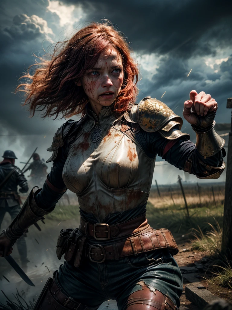 (best quality:1.4), (ultra highres:1.2), (photorealistic:1.4), (8k, RAW photo:1.2), ultra detailed, break, Stormy rainy skies clouds,  a ginger woman, (highly detailed dark eyes looking at viewer:1.4), highly detailed wet face, 1girl, female warrior, highlight short red hair, soaking wet hair, medium breasts, [little_freckles], Facial skin soiled by battle, [[Blood splatter]],  leather and worn scratched used wet metal armor,fur, sword belt, break, fighting stance, wind, cinematic lighting, realistic, dramatic light, break, Rain falls on the battlefield , dark_Smokes, fireflies,piles of dead corpses,  Medieval_battlefield_ravaged_by_war_background, solo focus, 