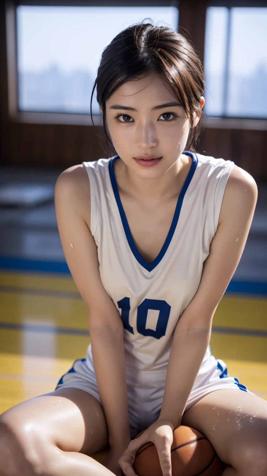 (masterpiece:1.2), Very detailed, Ultra-high resolution, (Realistic, photo Realistic:1.6), High-resolution RAW color photos, Professional photos, Sharp focus:1.2, (Very detailed顔と肌の質感, Very beautiful eyes, Glossのある肌, Glowing Skin, Glowing Skin, Shining Face, Gloss, Oily skin, greasy face, Oily skin, greasy face,), Perfect Anatomy, Very detailed背景,((Gymnasium at night)), 1 female,25-year-old woman, Japanese women,(short hair, Straight hair, bangs, Brown Hair),(Flat Chest:1.6),((Erect nipples:1.2)),(((Sweaty body:1.4)))), (((White sleeveless basketball uniform))),smile,((Sitting on the floor、Spread your legs:1.2))
