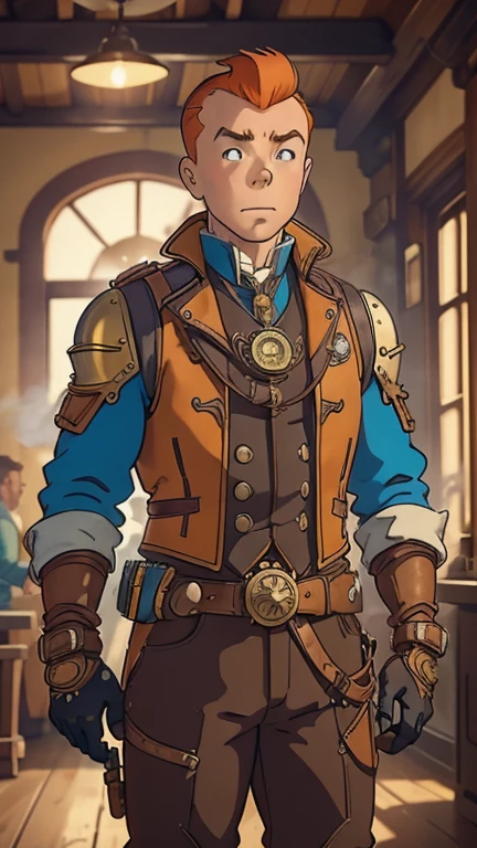 (Teens:1male: Tintin), (extremely detailed CG unit 8k wallpaper),(master part), (best quality), (ultra detali), (best illustration),(melhor ombre), cowboy shot, (Sharp eyeliner, ombre, detailed eyes:1), dark steampunk indoors background, ,break , (stud10gh1bl1_style), upper body, very short hair,orange hair,steam4rmor