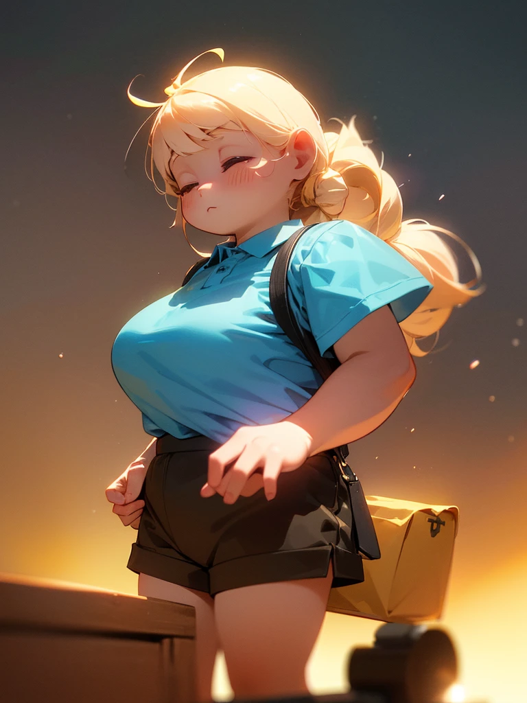 (Sumilux f1.4 50mm , low Latitude old color negative film , cross process , bokeh, flare, chromatic aberration , soft focus, (Shallow focus) , soft glow , Maximum aperture, high Key , Transparent depiction) , Dwarf girl , Muscular, short , Shorts and polo shirt ,carrying a huge Uber EATS backpack , Delivering pizza , Rocky Mountain