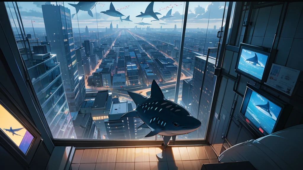 View of the city from the window.evening.Seisekisakuragaoka Streetscape.A lot of Fish flying in the sky, not in the sea.dolphin.super big whale shark.Tropical fish of various colors.sharpen.A beautiful woman looking at them.