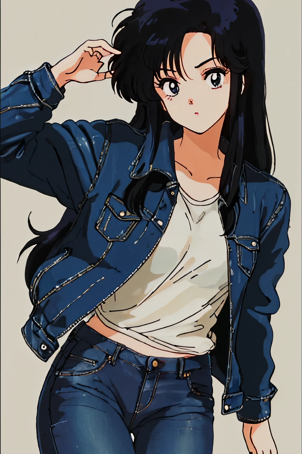 Sexy Woman,Black Hair,Long Hair,ストレート　ヘヤー,20th Generation girl,Black Jacket,jeans,Plain Shirt,ennui,Gazing into the distance,high quality