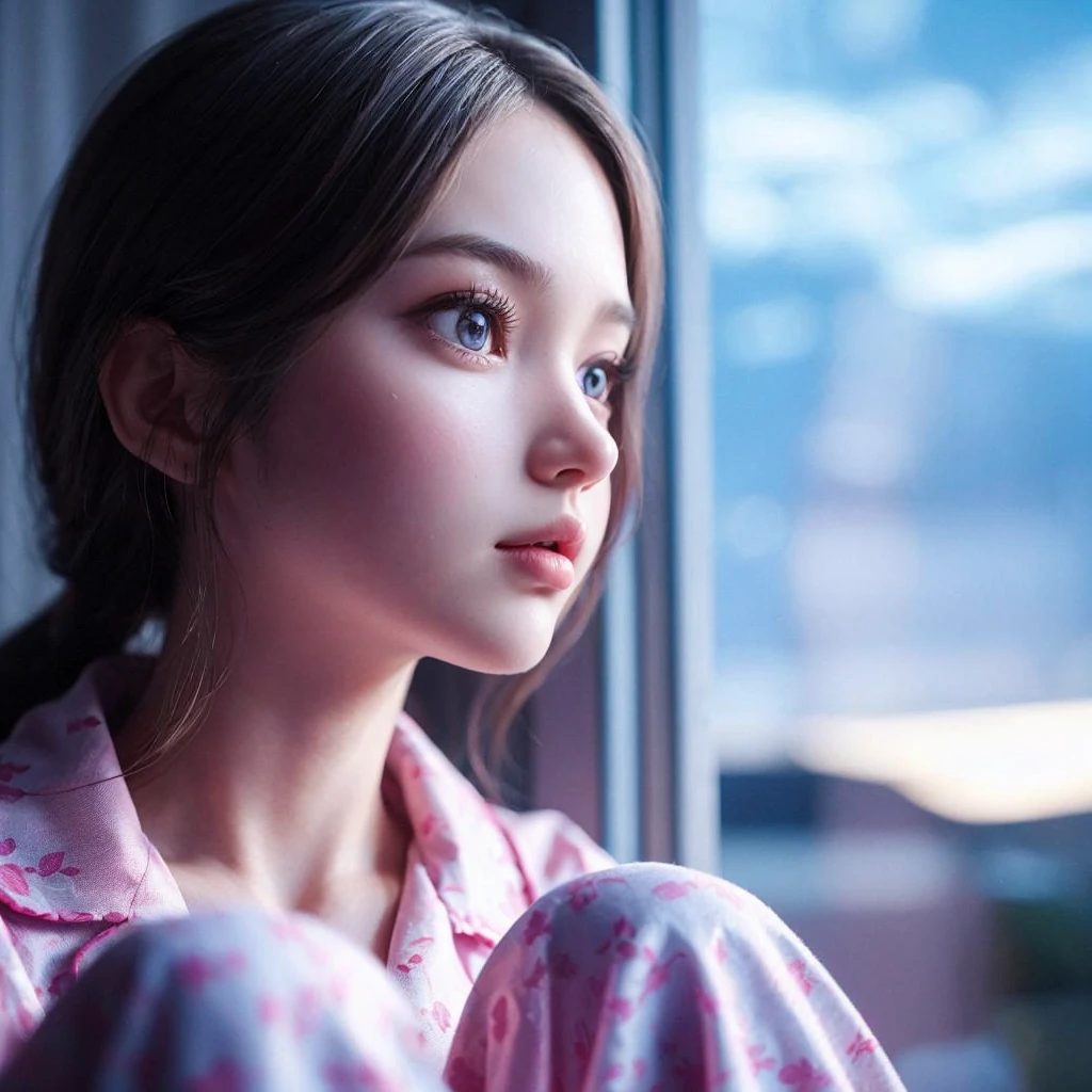 A very realistic portrait of a young and beautiful girl, seen from the side wearing a pink nightgown patterned with a cartoon male doll on a beautiful blue sky background,was staring into space,dim light, overhead shot,UHDR,600dpi,16k