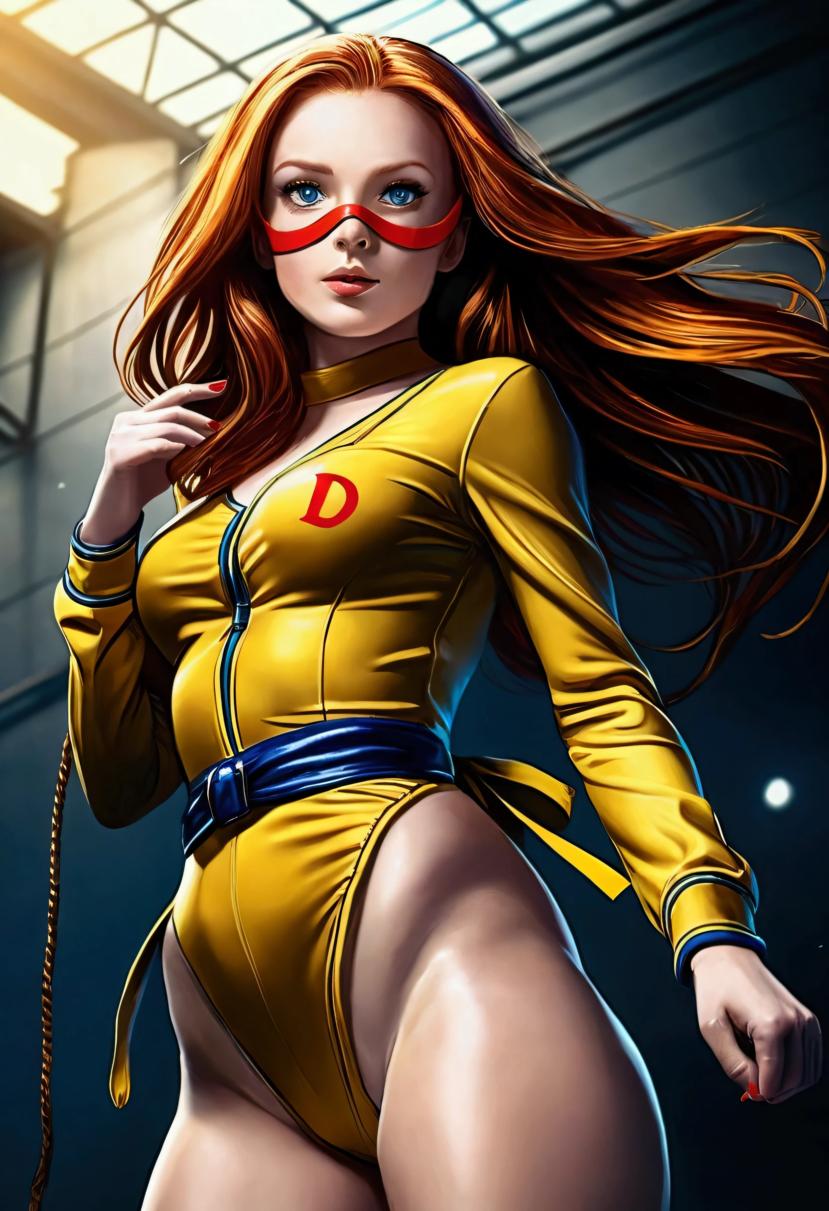 gorgeous girl, caucasian, , fully human girl, (long red hair), blue eyes, exquisite, 26 year old, (bright yellow swimsuit:1.4), red gloves, red domino mask, blue eyes, pretty face, cute, perfect body, perfectly smooth skin, red gloves, red boots, beautiful face, slim waist, freckles. She is ready for a martial arts fight.