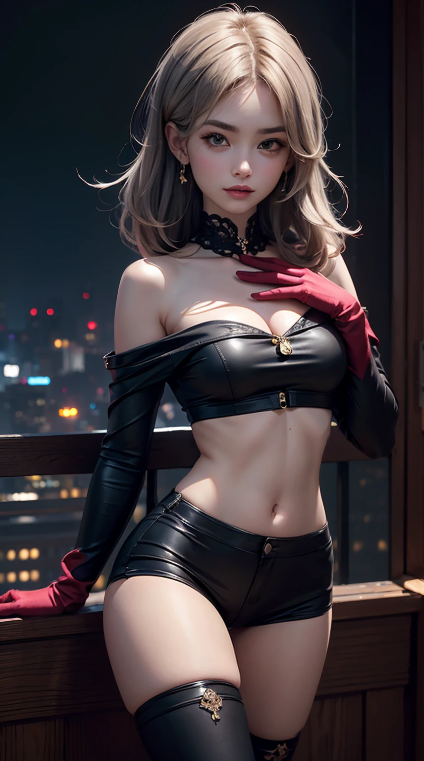 high quality, looking at viewer, detail skin, extreme color detail, court, detail clothing, Thelema, 1girl, black gloves, very long hair, purple eyes, navel, single thighhigh, micro shorts, black short shorts, grey hair, hair ornament,boots, detail tehepero, seductive smile, licking lips,  tongue out, sexy pose,  detail navel,  detail hand,  deatail body, flat stomach, evil eyes, sweat, bare shoulders, collarbone, long sleeves, thighs, wide sleeves, off shoulder, navel,midriff, beautiful belly button, perfecthand, hyperquality, hyperdetail, 4k,(masterpiece), (best quality), (ultra detailed), beautiful eyes, masterpiece, best quality, , composition, shadow, , captivating, volumetric lighting, illustration, best quality, ultra-detailed, super detailed skin, extremely detailed,8K,solo,1girl,extremely detailed and delicate, intricate details, minute details, night,dynamic angle, neon color, (cool),(HDR:1). 