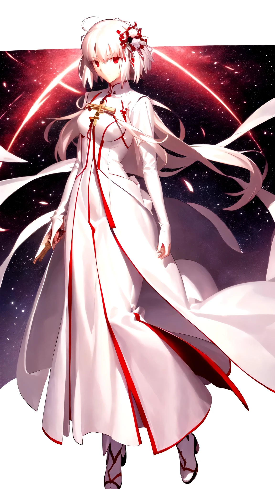 Anime style woman in a white dress with a red and white dress, White-haired God, destiny grand order, anime style like destiny/Stay Night, Flowing white robes, destiny / Stay Night, Best anime 4k konachan wallpaper, ufotable art style, Key Visual, anime Key Visual of elegant, destiny/zero, Kschaert Krentz Key Art Feminine