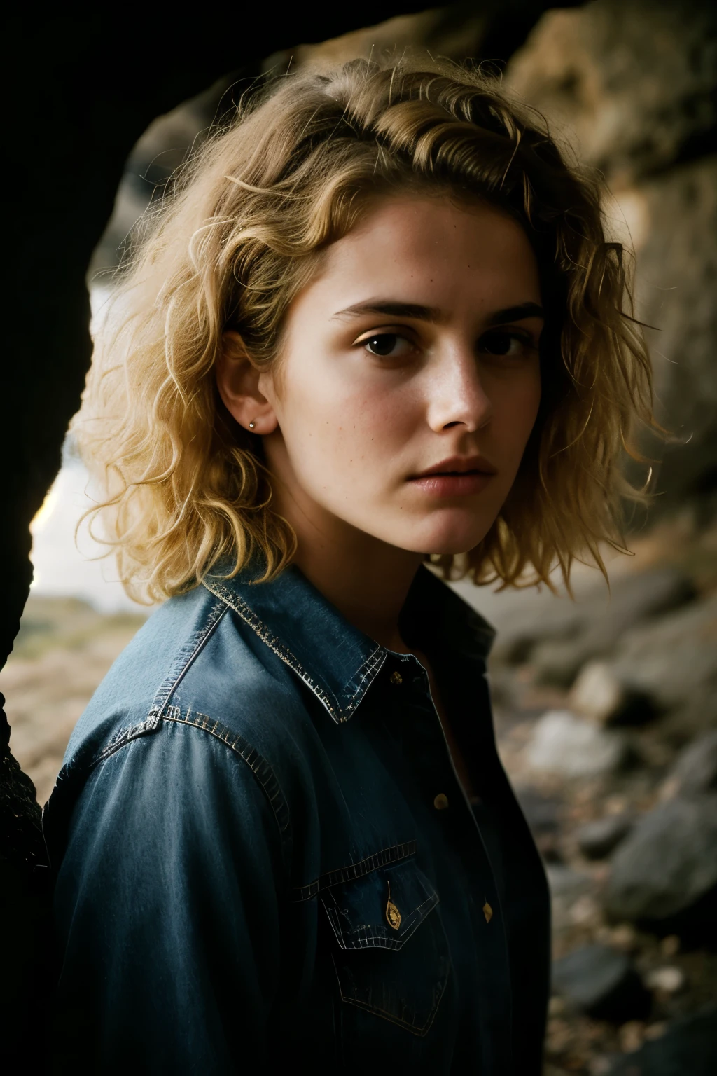 photograph of a woman, (troubled facial expression), textured skin, goosebumps, blonde afro hair, plaid flannel shirt with distressed boyfriend jeans, cowboy shot, dark and mysterious cave with unique rock formations and hidden wonders, perfect eyes, (candlelight,chiaroscuro), Porta 160 color, shot on ARRI ALEXA 65, bokeh, sharp focus on subject, shot by Don McCullin