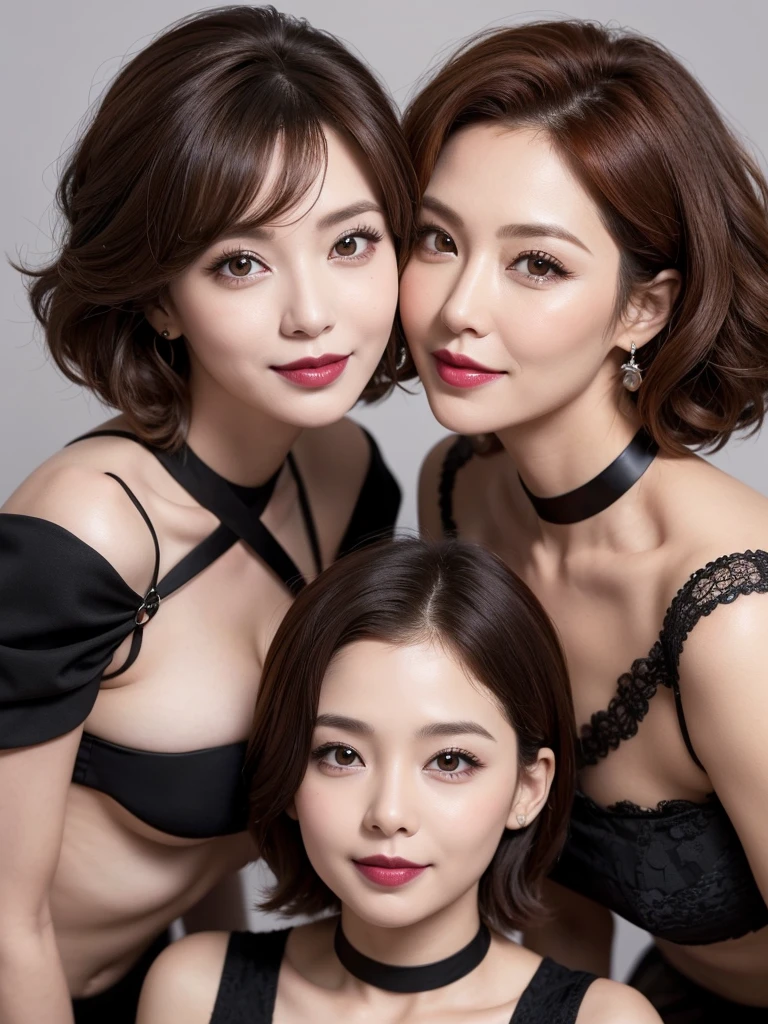 two extremely sexy milfs who are wives of 4 years old boy looking at camera, flustered smiles, short curly auburn hair, elegant outfits, chokers, black lipstick, portrait, close up to faces