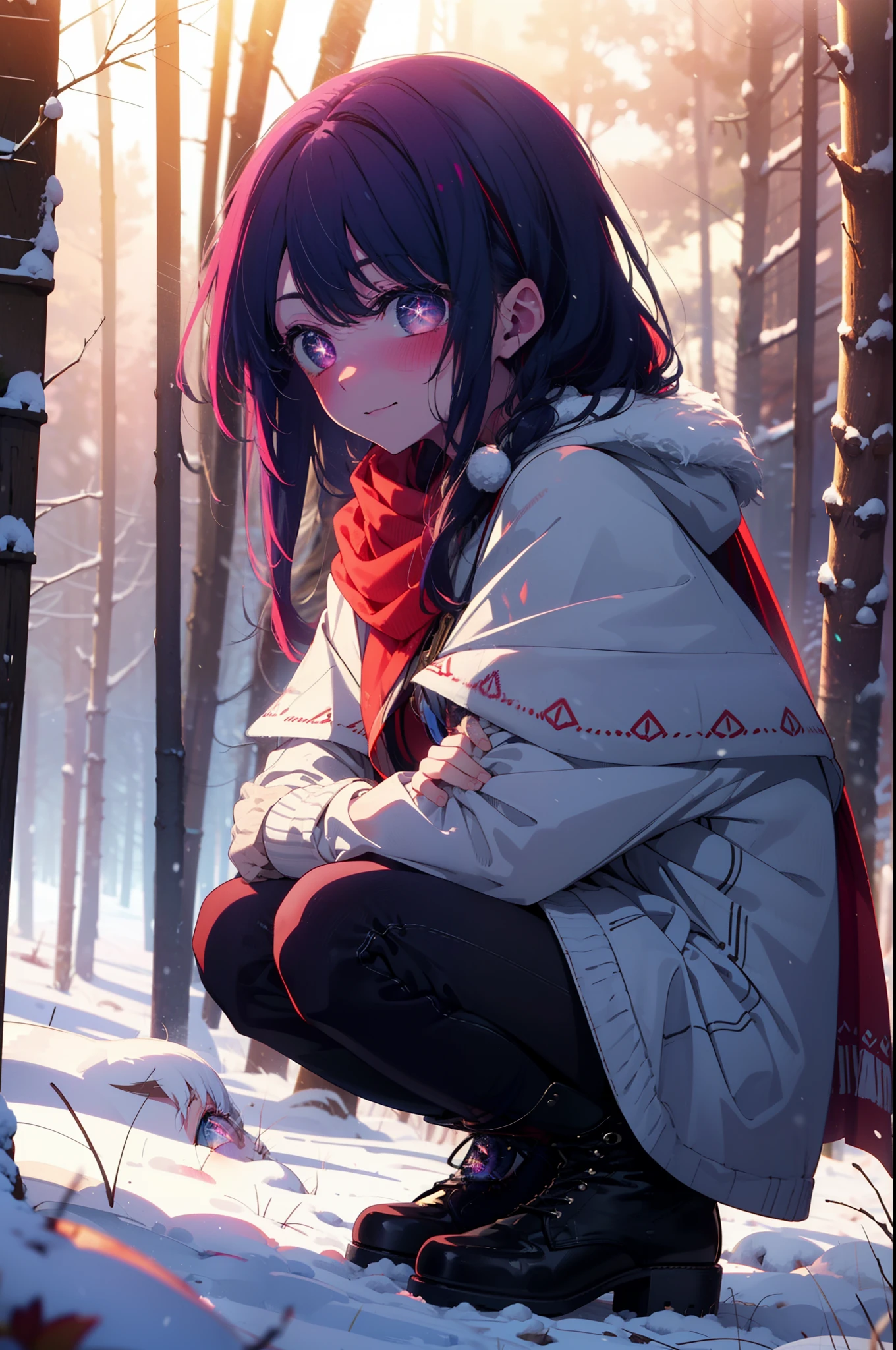 aihoshino, Ai Hoshino, Long Hair, bangs, (Purple eyes:1.1), Purple Hair, (Symbol-shaped pupil:1.5), smile,,smile,blush,white breath,
Open your mouth,snow,Ground bonfire, Outdoor, boots, snowing, From the side, wood, suitcase, Cape, Blurred, , forest, White handbag, nature, Squat, Mouth closed, Cape, winter, Written boundary depth, Black shoes, red Cape break looking at viewer, Upper Body, whole body, break Outdoor, forest, nature, break (masterpiece:1.2), Highest quality, High resolution, unity 8k wallpaper, (shape:0.8), (Beautiful and beautiful eyes:1.6), Highly detailed face, Perfect lighting, Highly detailed CG, (Perfect hands, Perfect Anatomy),