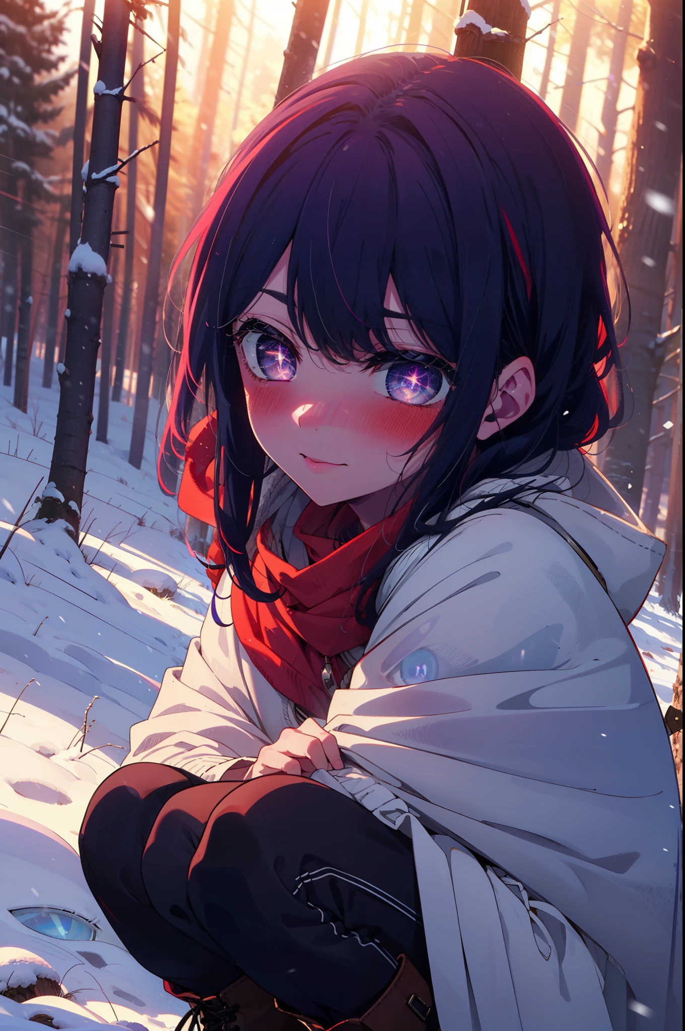 aihoshino, Ai Hoshino, Long Hair, bangs, (Purple eyes:1.1), Purple Hair, (Symbol-shaped pupil:1.5), smile,,smile,blush,white breath,
Open your mouth,snow,Ground bonfire, Outdoor, boots, snowing, From the side, wood, suitcase, Cape, Blurred, , forest, White handbag, nature, Squat, Mouth closed, Cape, winter, Written boundary depth, Black shoes, red Cape break looking at viewer, Upper Body, whole body, break Outdoor, forest, nature, break (masterpiece:1.2), Highest quality, High resolution, unity 8k wallpaper, (shape:0.8), (Beautiful and beautiful eyes:1.6), Highly detailed face, Perfect lighting, Highly detailed CG, (Perfect hands, Perfect Anatomy),