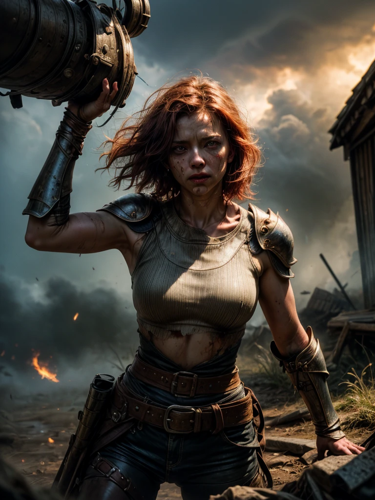 (best quality:1.4), (ultra highres:1.2), (photorealistic:1.4), (8k, RAW photo:1.2), ultra detailed, break, Stormy rainy skies clouds,  a ginger woman, (highly detailed dark eyes looking at viewer:1.4), highly detailed wet face, 1girl, female warrior, highlight short red hair, soaking wet hair, medium breasts, [little_freckles], Facial skin soiled by battle, [[Blood splatter]],  leather and worn scratched used wet metal armor,fur, sword belt, break, fighting stance, wind, cinematic lighting, realistic, dramatic light, break, Rain falls on the battlefield , dark_Smokes, fireflies,piles of dead corpses,  Medieval_battlefield_ravaged_by_war_background, solo focus), (cowboy shot), masterpiece, realistic hands. [The character is surrounded by mist, evoking a mysterious and eerie atmosphere. The lighting is dark and atmospheric, with smoke adding a touch of sinister ambiance. Best quality image, HDR enhancement, showcasing the utmost level of detail and realism, full body shot:1.5]. [8K, Best Quality, Ultra High Resolution, (highly detailed CG unity 8k wallpaper), (best photo), (best shadows), isometric 3D, octane rendering, ray tracing, highly detailed, (Best quality, 4K, 8k:1.2), absurdity, ultra detailed, (realistic, photorealistic, photorealistic:1.37), complex parts, HDR, (complex parts:1.12), (hyper detailed, hyper realistic, Soft lighting, spicy:1.2), (complex parts, Hyper detailed:1.15). Blurred foreground. (backlit), masterpiece, high quality, brightness, chromatic aberration, foggy smoke, shadows, contrast, clear sky, (warm hue, warm tone), high details, natural reflections]. (YES SFW)