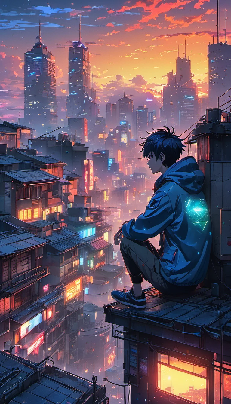 anime boy sitting on a rooftop watching the sunset, watching the sun set. anime, lofi artstyle, anime background art, anime style cityscape, beautiful anime scene, lofi art, in style of makoto shinkai, 4 k manga wallpaper, makoto shinkai cyril rolando, hd anime cityscape, ilya kuvshinov landscape, 4k anime wallpaper(bright colours)(brokeh effect)(glowing dots and firefly)
