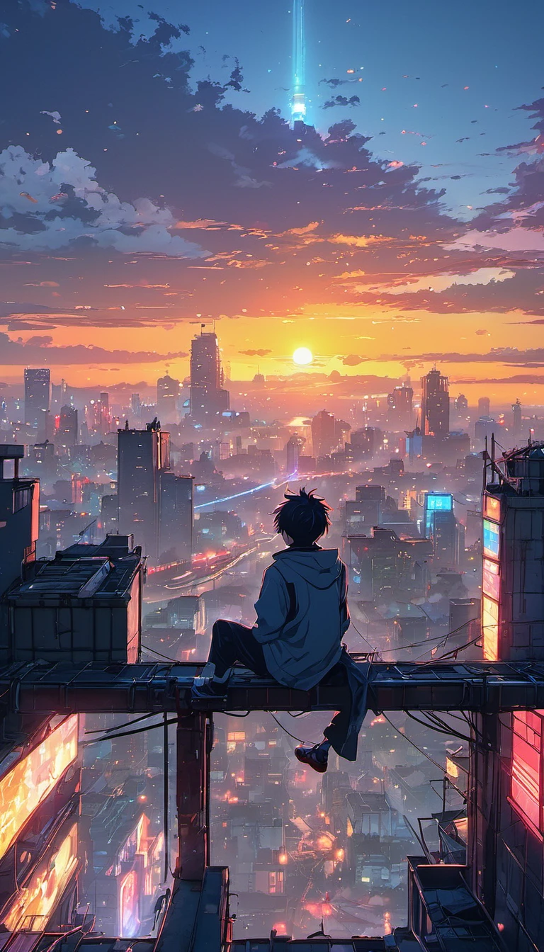 anime boy sitting on a rooftop watching the sunset, watching the sun set. anime, lofi artstyle, anime background art, anime style cityscape, beautiful anime scene, lofi art, in style of makoto shinkai, 4 k manga wallpaper, makoto shinkai cyril rolando, hd anime cityscape, ilya kuvshinov landscape, 4k anime wallpaper(bright colours)(brokeh effect)(glowing dots and firefly)
