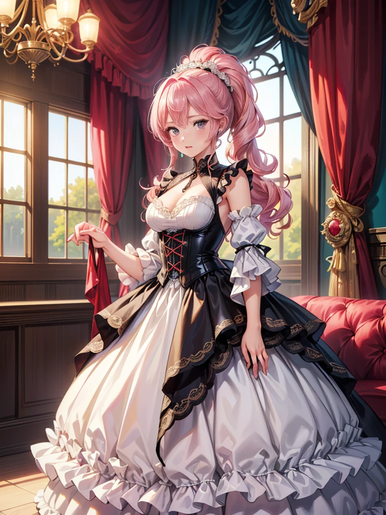 ((Moe anime art style:1.1)), (((masterpiece))), (((Highest quality))), (((Ultra-high resolution))), (((8K))), (((Very detailed))), solo girl, ((full body)), (((Super Definition and Beautiful Face, Beautiful Lips))), (((Pink Hair, Fluffy ponytail, Curly Hair, Expressive hair, very voluminous long hair))), ((Black taffeta material)), ((Dense lace, Long train, Lots of frills)), (((Full-length crinoline hoop skirt, Beautiful and luxurious Rococo Victorian ball gown dress))),