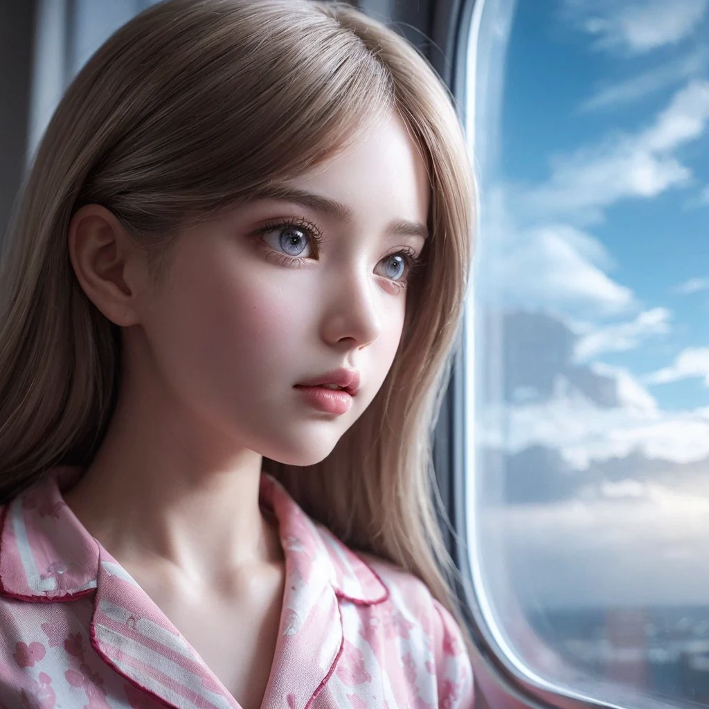 A very realistic portrait of a young and beautiful girl, seen from the side wearing a pink nightgown patterned with a cartoon male doll on a beautiful blue sky background,was staring into space,dim light, overhead shot,UHDR,600dpi,16k