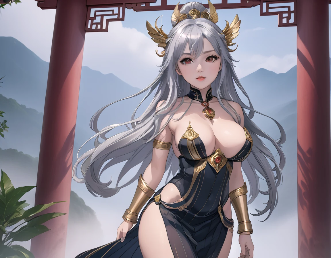 high quality,HD,16K,Sharp Line,1 Girl,fantasy, （Spirit of the Wind）,Pretty Face, Large Breasts, Beautiful legs,In the mountains,Focus Girl,detailed Pretty Face,Detailed clothes,beautiful eyes,Cool,Sexy,Dynamic Angle,穿着华服的神明Strike a pose拍照, Ancient mysterious sexy goddess, Traditional beauty woman, Beautiful female warrior god of war , Beautiful sexy goddess, Gorgeous role-playing, high, Beautiful young girl, Beautiful woman, 华丽Beautiful woman, Complex clothing,Chinese Mystical Aesthetics, Beautiful Asian ancient mysterious girl, Extremely detailed shot of the goddess, Jaw-dropping sexy beauty, Big breasts deep neckline sexy belly button（butt), (bedroom), (Sexy Girls), masterpiece, best quality, Bangs, blush, Chest, clavicle, Eyebrows visible through hair, (Gradient red and gold hair), Jewelry, Long hair,Bright Eyes, ring, (solitary), illustration, fashionable, miss, Strike a pose, background, element, confident, Express, Accessories, majestic, striking, key point, Dynamic poses, ((plump)), (black))Woman in transparent dress,Viewer,(((Full breasts, Keeley University))),Slim waist,(Navel exposed,Bare waist), Long hair, extreme detailed details, 详细的fantasy艺术, Stunning character art, Beautiful and exquisite character art, Beautiful transparent dress, Very detailed, Large Breasts，Chest，Golden ratio figure，Beautiful figure，Ultra wide-angle shooting，Full body shot拍摄，Body close-up，Full body shot，Wearing a pleated tulle skirt，柔和动漫illustration, 柔和的深色background，Fujifilm XT3 Clear focus, f 5.6, High Detail, Clear focus,(Wearing openwork clothing),, (Natural light), (Tempting)translucent, Good velvet quality, Compared, Divine Light,, Silver hair, 天空background, Absolute Strength,Female Shinmei，穿着性感丝绸的Female Shinmei,，Large Breasts，Chest，Golden ratio figure，Beautiful figure，Ultra wide-angle shooting，Full body shot，Body close-up，Full body shot， Wearing a tulle dress, Model shooting style, Large Breasts，饱满Chest，Golden ratio figure，Beautiful figure，(Extremely detailed CG 8k wallpaper unit), The most beautiful artistic photos in the world, , 8K 超HD, ) on the beach，Sexy lazy posture，Sexy seductive expression，best quality,masterpiece,Ultra-high resolution,(Practical:1.4),original photo,Ultra-high resolution