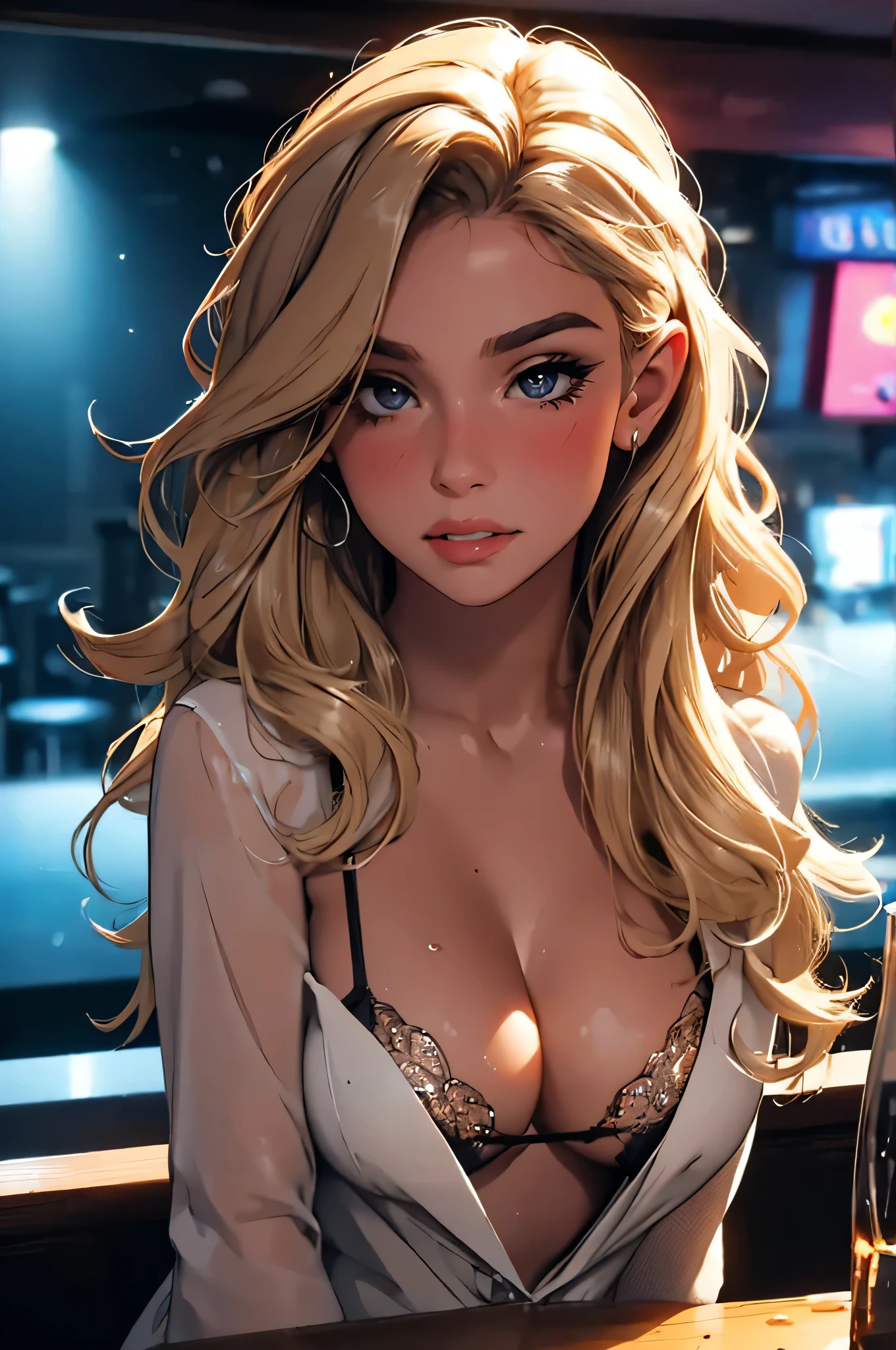 girl at a nightclub sitting at bar, eyeliner (masterpiece) (best quality) (detailed) (8k) (HDR) (wallpaper) (cinematic lighting) (sharp focus) (intricate) wavy blonde hair, biting lip, medium hair, slutty outfit, sexy, blush, aroused, cleavage, shiny , wet skin, girl, dark makeup, acting flirty, tucking hair behind ear
