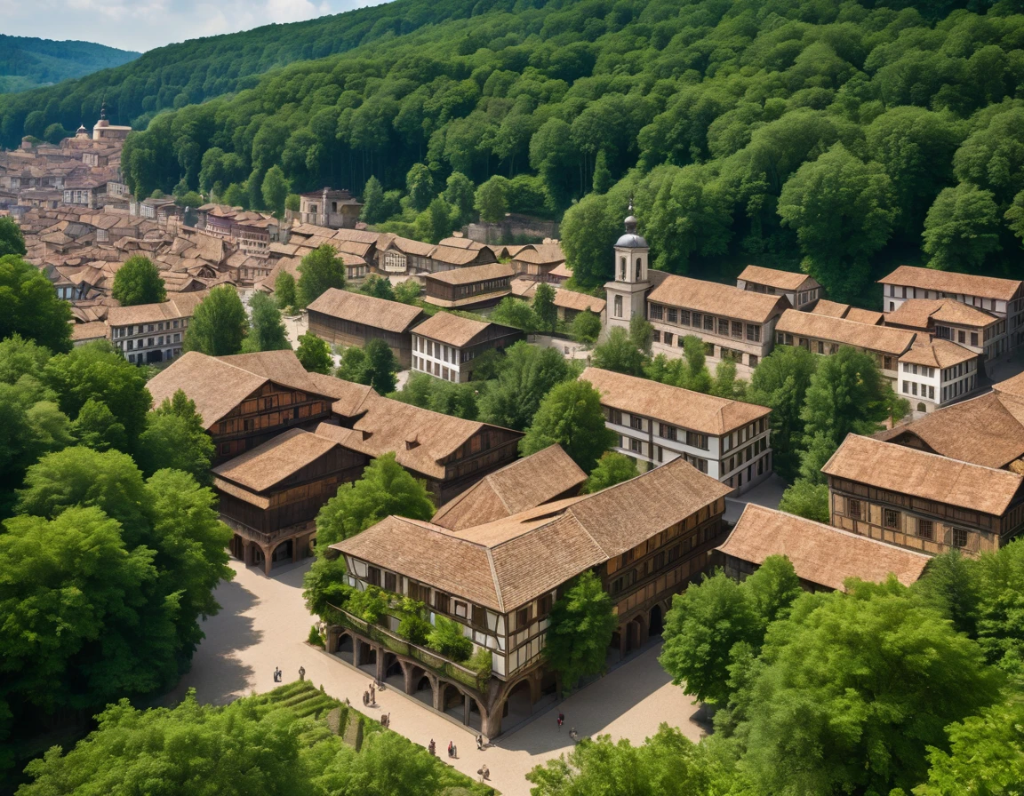 Town of wood with rectangular buildings, in a very renaissance architecture. The city is surrounded by a large lush forest.