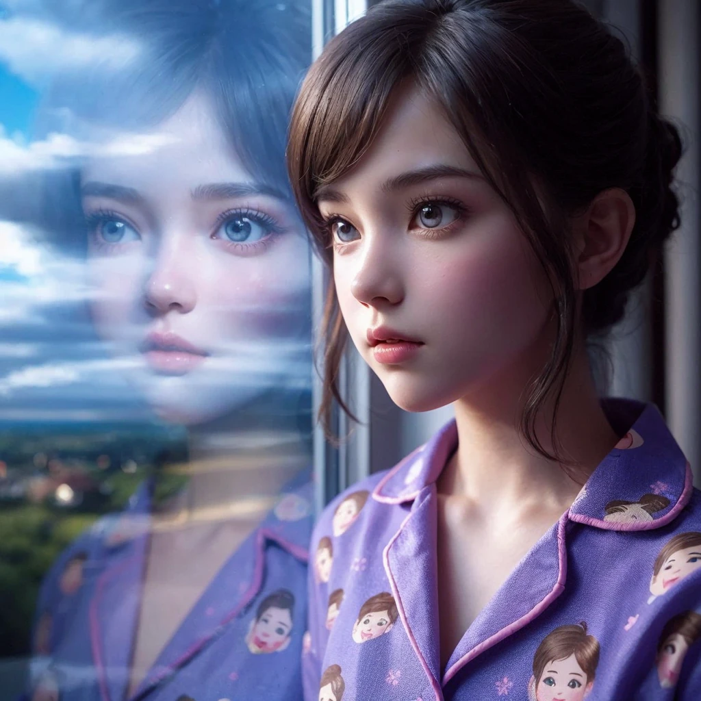 A very realistic portrait of a young and beautiful girl, seen from the side wearing a pink nightgown patterned with a cartoon male doll on a beautiful blue sky background,was staring into space,dim light, overhead shot,UHDR,600dpi,16k