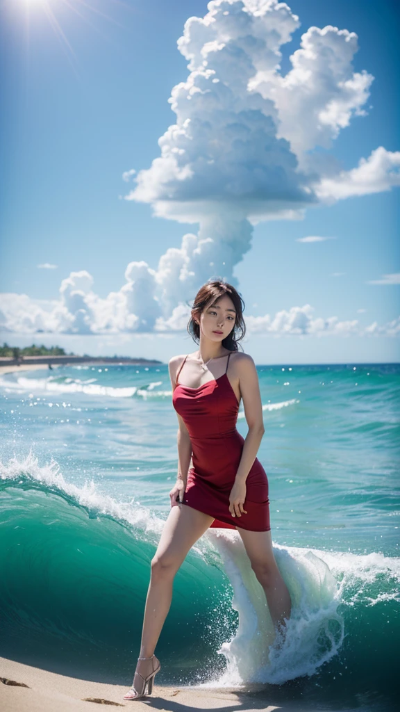 Highest quality,masterpiece,Ultra-high resolution,(Actual:1.4),オリジナルphotograph,Ultra-high resolution，summer,Blue sky,blue sky,8k,Beautiful woman，cute,beautiful,summer,Beach,Fair skin，Exquisite makeup，Big waves，Red Dress，Sandy Beach，Long legs，Bright and beautiful，Blue sky,Clouds flowing、A scene from a movie,photograph,